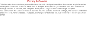This Website does not share personal information with third parties neither do we store any information about your visit to this Website, other than to analyse and optimize your content and user experience through the use of cookies, this compiles anonymous usage statistics via Google Analytics. You can turn off the use of cookies at anytime via your specific browsers settings, Our contact addresses are never sold, rented, leased , swapped, exchanged or bartered etc. We don’t like or require junk mail either.   Privacy & Cookies